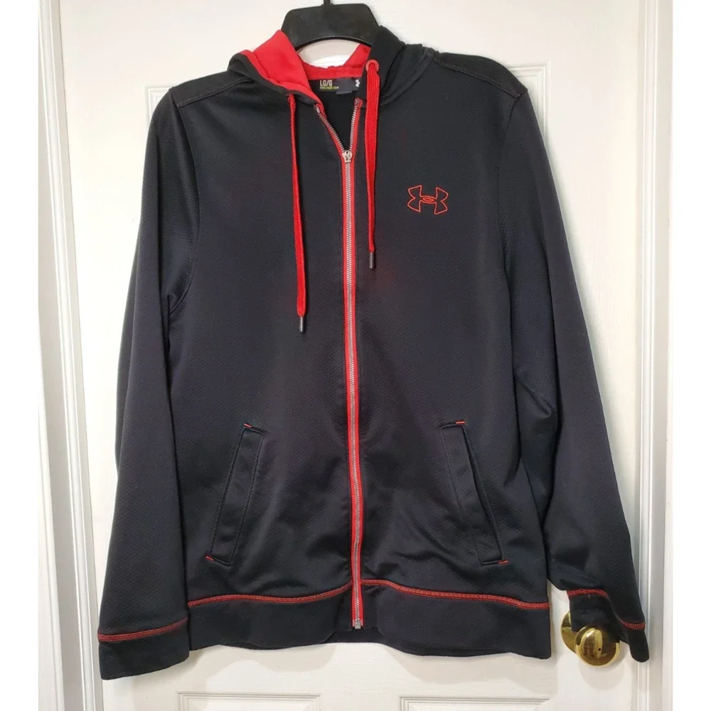 Under Armour Men’s Full-Zip Hoodie Jacket Size Large Black Red Trim Loose Fit